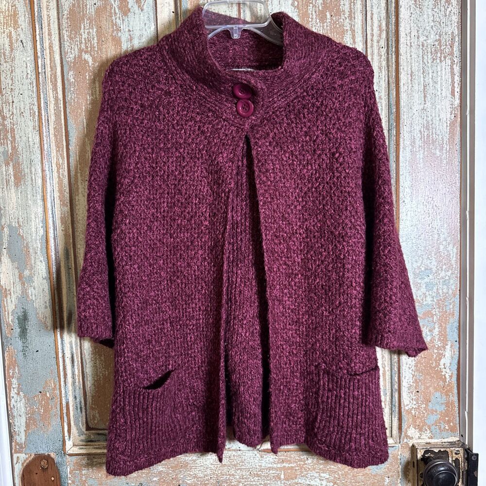 Olivia Sky Raspberry L  Women’s 3/4 Sleeve Cardigan Style Chunky Knit Sweater